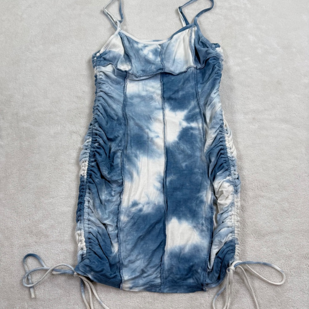 Princess Polly Blue Tie Dye Ruched Mini Dress Adjustable Drawstring Size 4 US